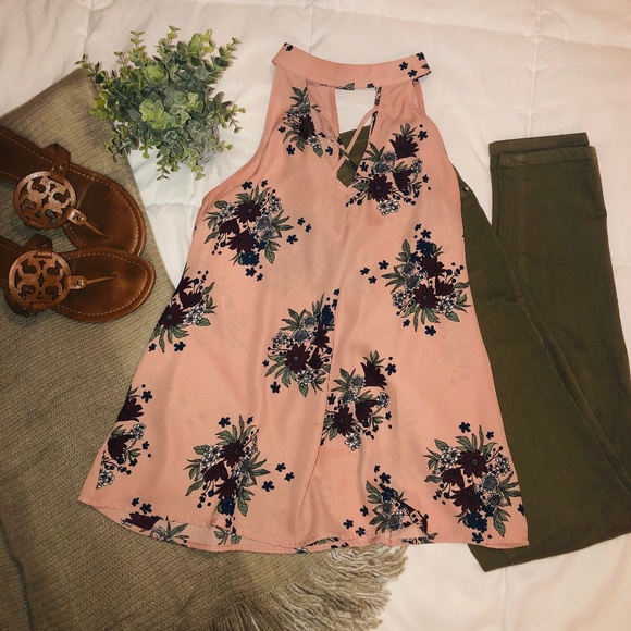 Blue Rain - High Neck - Criss Cross -  Floral Tank - Picture 1 of 4